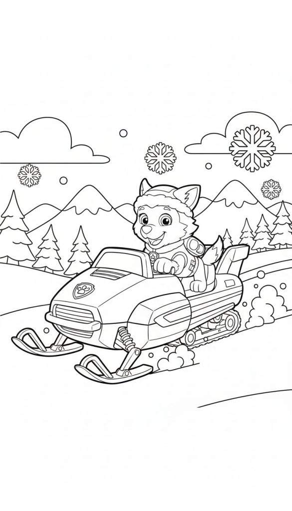 Zwart-wit kleurplaat van Everest van Paw Patrol op een sneeuwscooter, rijdend door een besneeuwd winterlandschap met bergen, dennenbomen en sneeuwvlokken.