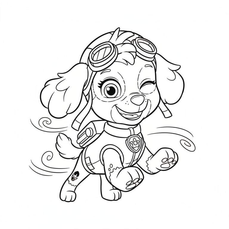 Kleurplaat van Skye van Paw Patrol, vrolijk knipogend en lachend, draagt pilotenhelm en -pak, in dynamische vliegende pose met wervelende lijnen.