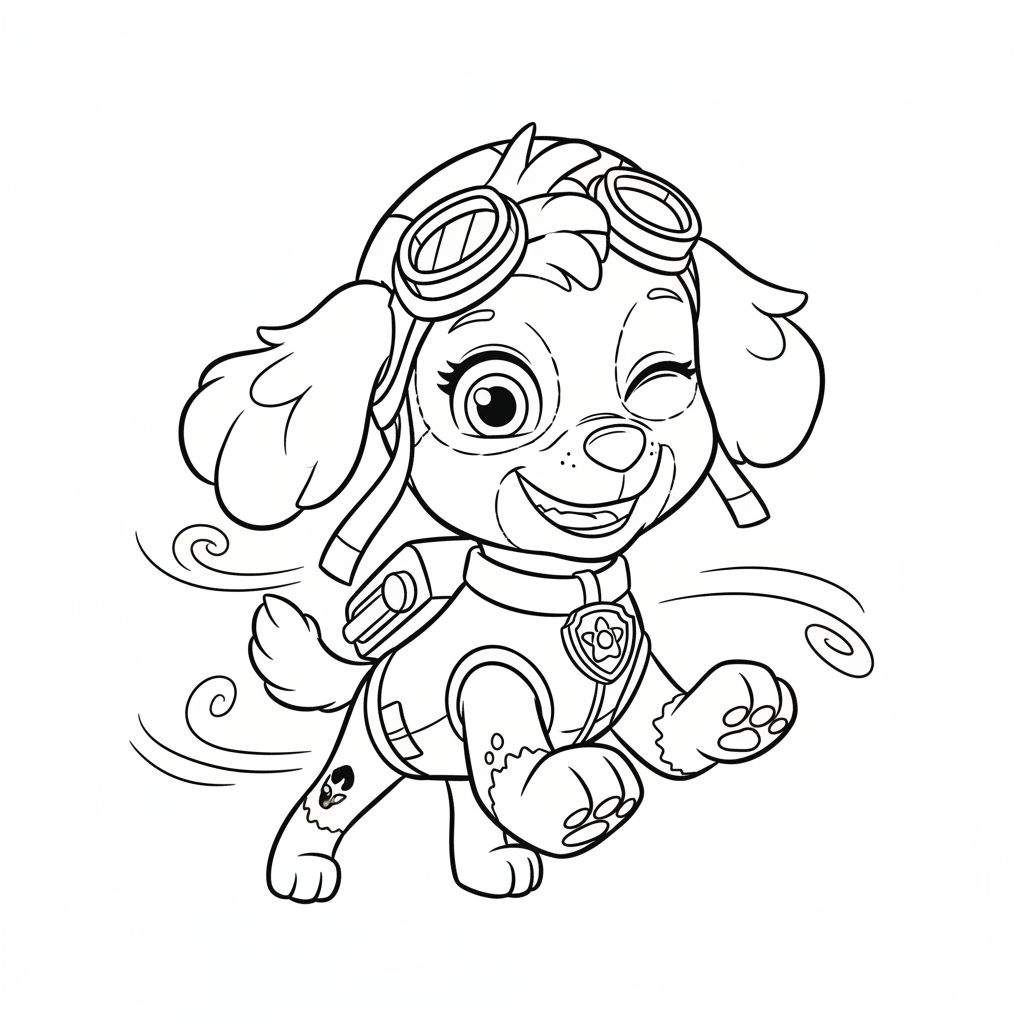 Kleurplaat van Skye van Paw Patrol, vrolijk knipogend en lachend, draagt pilotenhelm en -pak, in dynamische vliegende pose met wervelende lijnen.