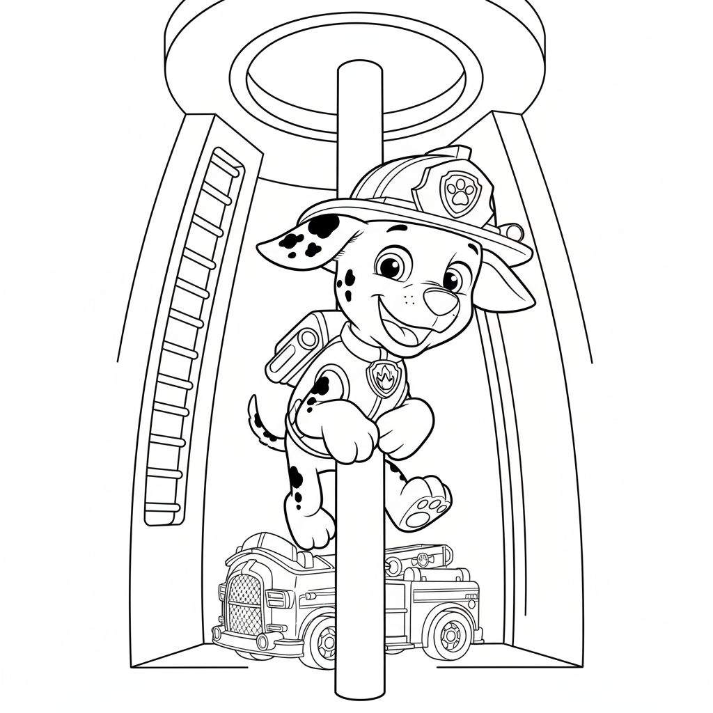 Kleurplaat van Marshall, de dalmatiër brandweerhond, glijdend van een brandweerpaal naar een brandweerauto, met brandweerhelm en rugzak, in een brandweerkazerne-setting.