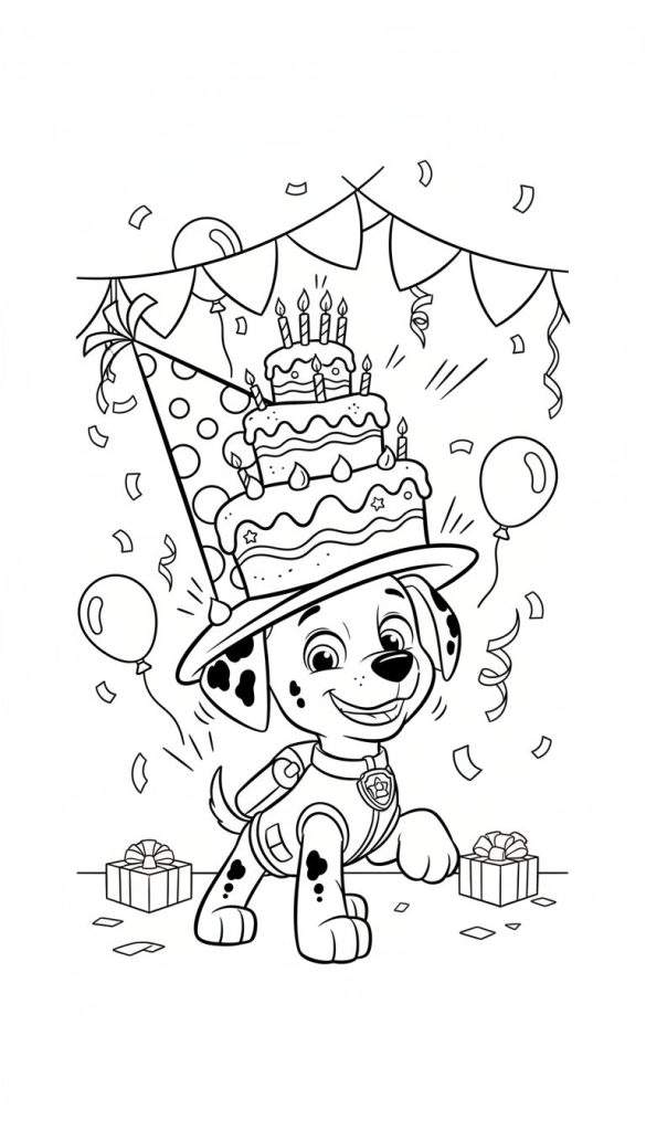 Kleurplaat van Marshall de dalmatiër van Paw Patrol, met een feestmuts waarop een verjaardagstaart staat, omringd door ballonnen, confetti en cadeautjes.
