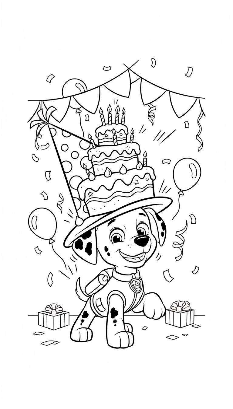 Kleurplaat van Marshall de dalmatiër van Paw Patrol, met een feestmuts waarop een verjaardagstaart staat, omringd door ballonnen, confetti en cadeautjes.