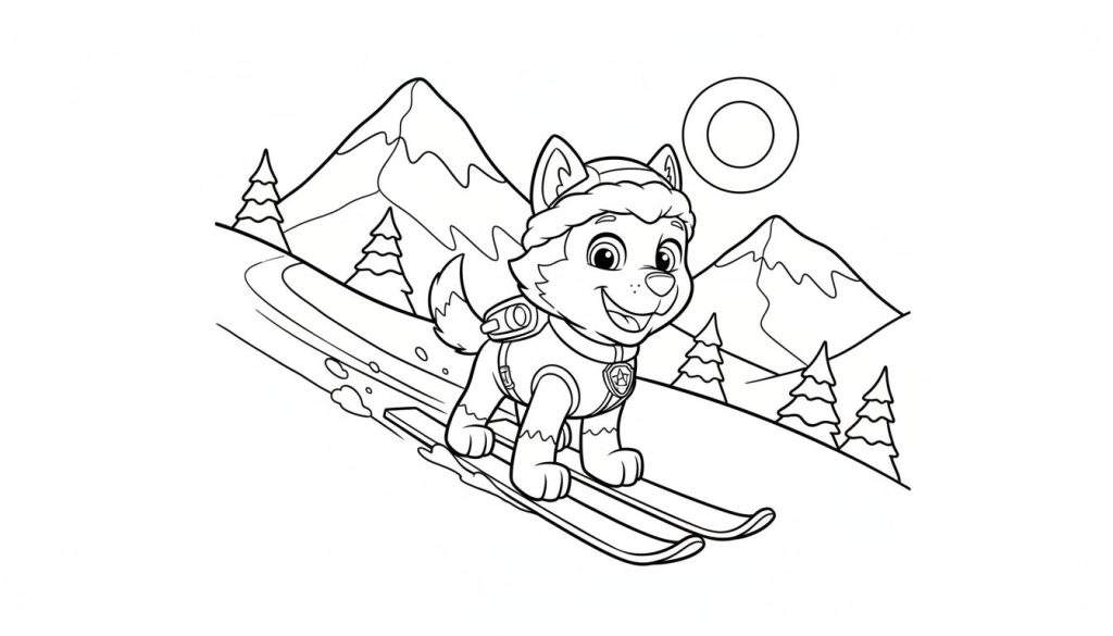 Zwart-wit kleurplaat van Everest van Paw Patrol die skiet op een besneeuwde piste met bergen en dennenbomen op de achtergrond.