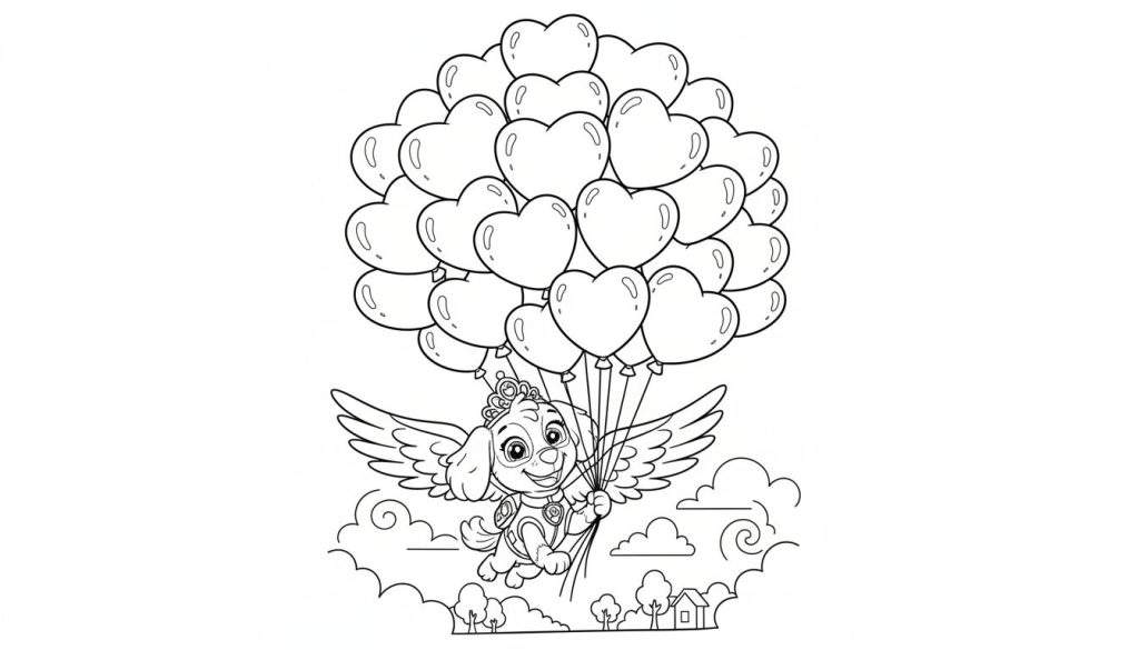 Zwart-wit kleurplaat van Skye van Paw Patrol als vliegend hondje met vleugels, een kroontje, en hartvormige ballonnen, zwevend tussen wolken boven een landschap met bomen en huizen.