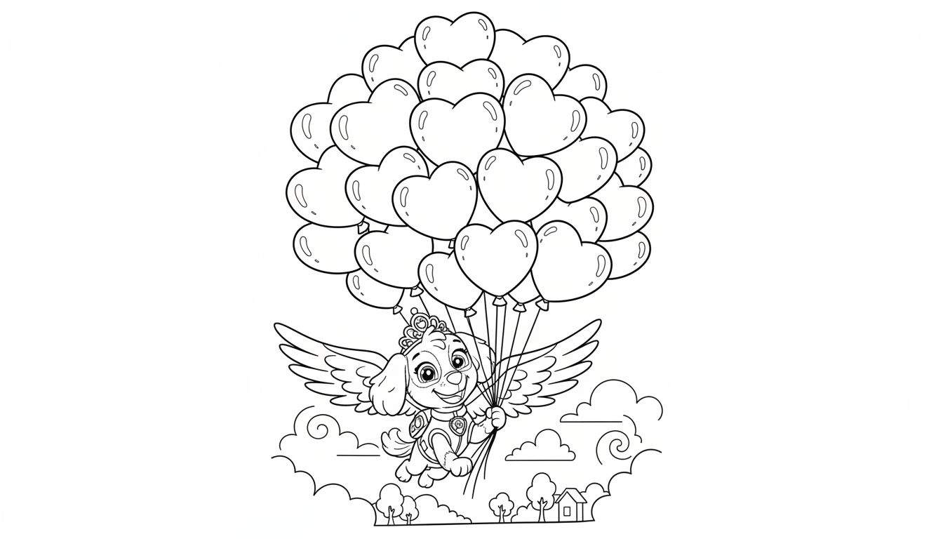 Zwart-wit kleurplaat van Skye van Paw Patrol als vliegend hondje met vleugels, een kroontje, en hartvormige ballonnen, zwevend tussen wolken boven een landschap met bomen en huizen.