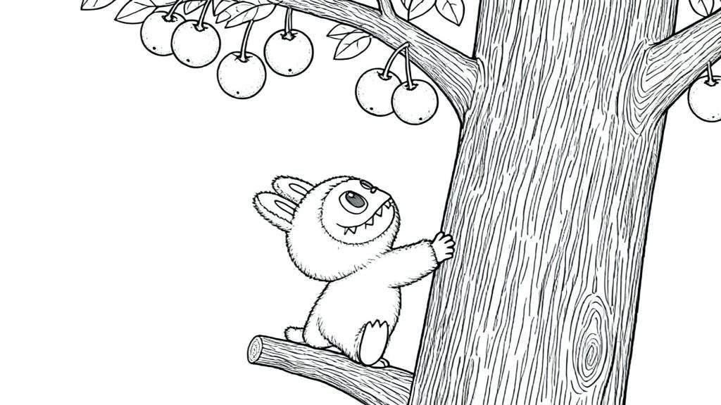 Labubu kleurplaat van een pluizig wezentje met konijnoren en scherpe tanden, lachend en klimmend in een boom met kersen of kleine appels.