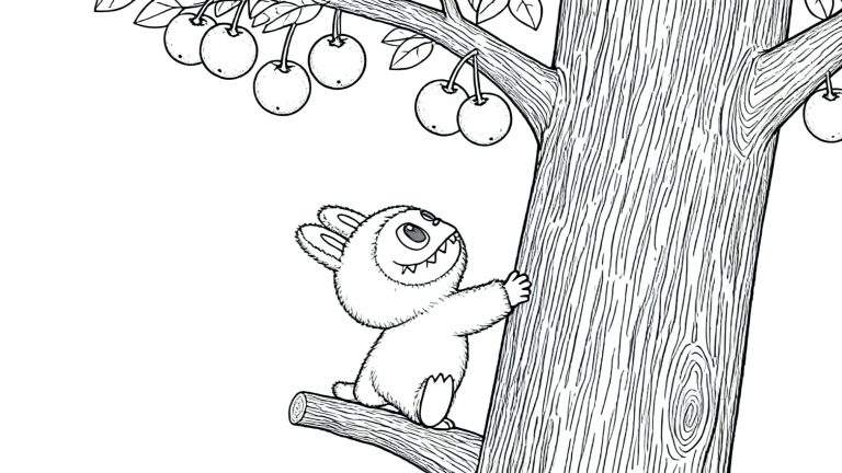 Labubu kleurplaat van een pluizig wezentje met konijnoren en scherpe tanden, lachend en klimmend in een boom met kersen of kleine appels.