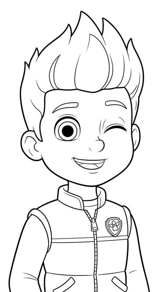 Zwart-wit kleurplaat van een vrolijke Ryder van Paw Patrol, knipogend met een brede glimlach en een pootafdruk-embleem op zijn borst.