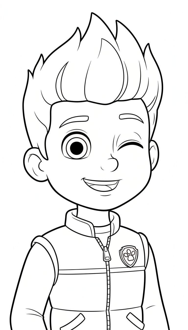 Zwart-wit kleurplaat van een vrolijke Ryder van Paw Patrol, knipogend met een brede glimlach en een pootafdruk-embleem op zijn borst.