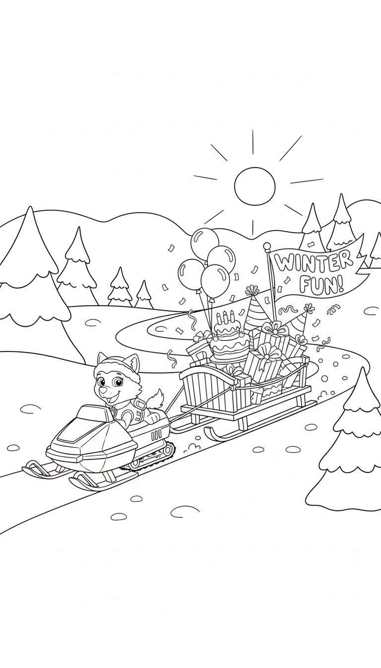 Kleurplaat van Everest, een schattig husky-hondje met een wintermuts op, dat een sneeuwscooter bestuurt. Achter haar is een slee gekoppeld, volgeladen met cadeautjes, een taart met kaarsjes en feestmutsen. Boven de slee zweven kleurrijke ballonnen en confetti-achtige figuurtjes. Achter de scène staat een vlag met de tekst 'WINTER FUN!'. Het geheel speelt zich af in een besneeuwd landschap met glooiende heuvels, dennenbomen en een vrolijk stralende zon.