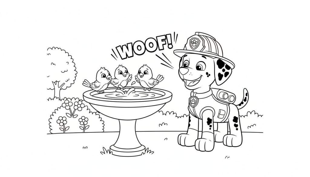 Kleurplaat van Marshall de Paw Patrol dalmatiër als brandweerhond die blaft, met een vogelbadje en drie vogels die spelen in een buitenscène.