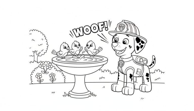 Kleurplaat van Marshall de Paw Patrol dalmatiër als brandweerhond die blaft, met een vogelbadje en drie vogels die spelen in een buitenscène.