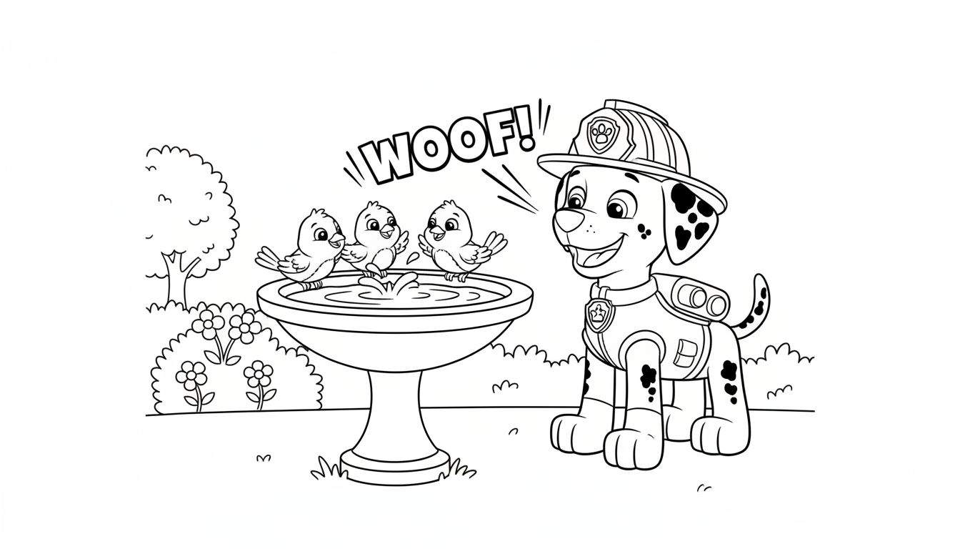 Kleurplaat van Marshall de Paw Patrol dalmatiër als brandweerhond die blaft, met een vogelbadje en drie vogels die spelen in een buitenscène.