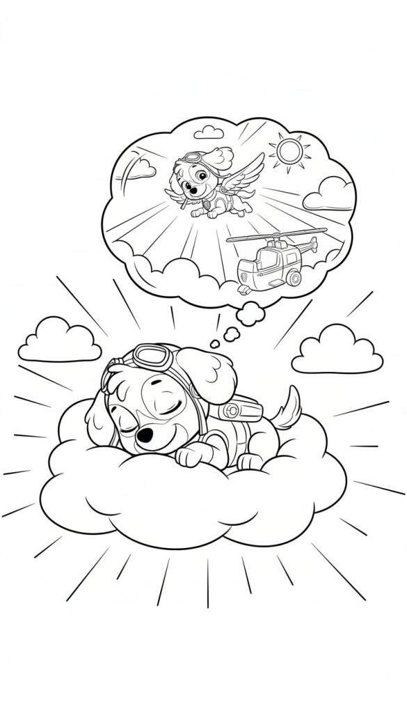 Zwart-wit kleurplaat van Skye uit Paw Patrol die slaapt op een wolk met pilotenmuts, dromend over vliegen met vleugels, een helikopter en de zon in een droomwolk.