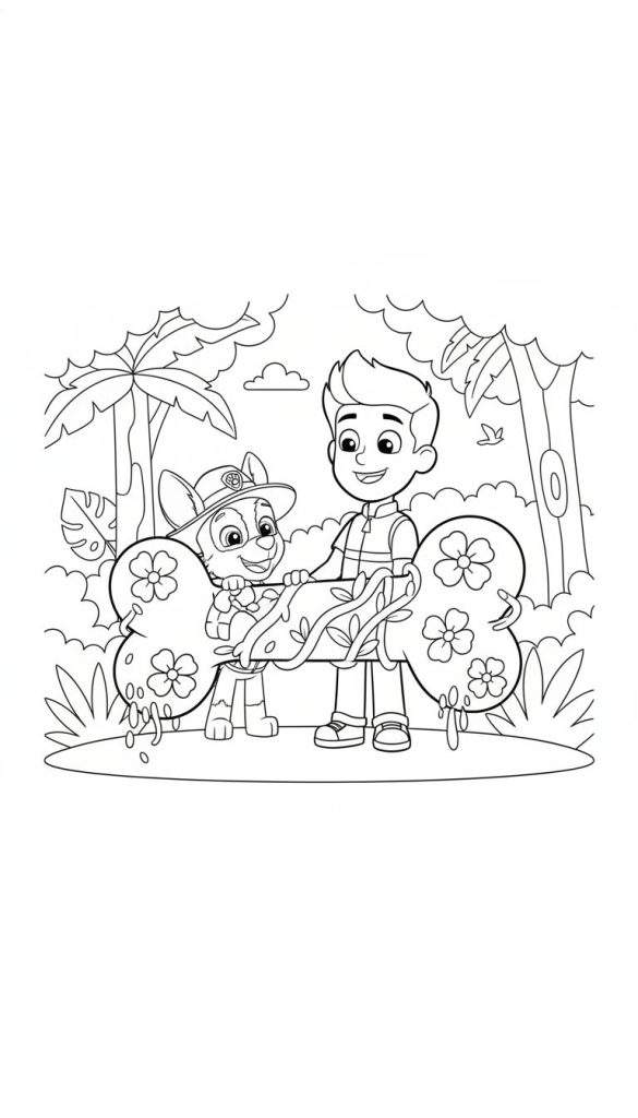 Zwart-wit kleurplaat van Paw Patrol: Ryder en Rubble glimlachen in een tropische jungle, elk met een versierd bot. Palmbomen en struiken op de achtergrond.