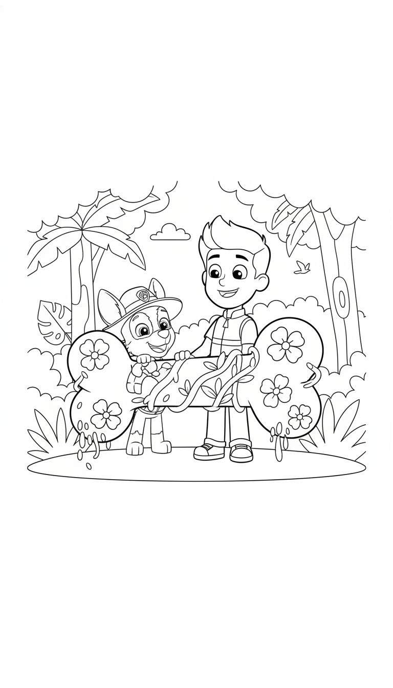 Zwart-wit kleurplaat van Paw Patrol: Ryder en Rubble glimlachen in een tropische jungle, elk met een versierd bot. Palmbomen en struiken op de achtergrond.