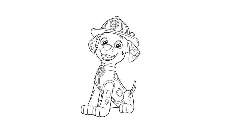 Kleurplaat van Marshall de brandweerhond van Paw Patrol, een vrolijke Dalmatiër met brandweerhelm en uniform, zittend en lachend.
