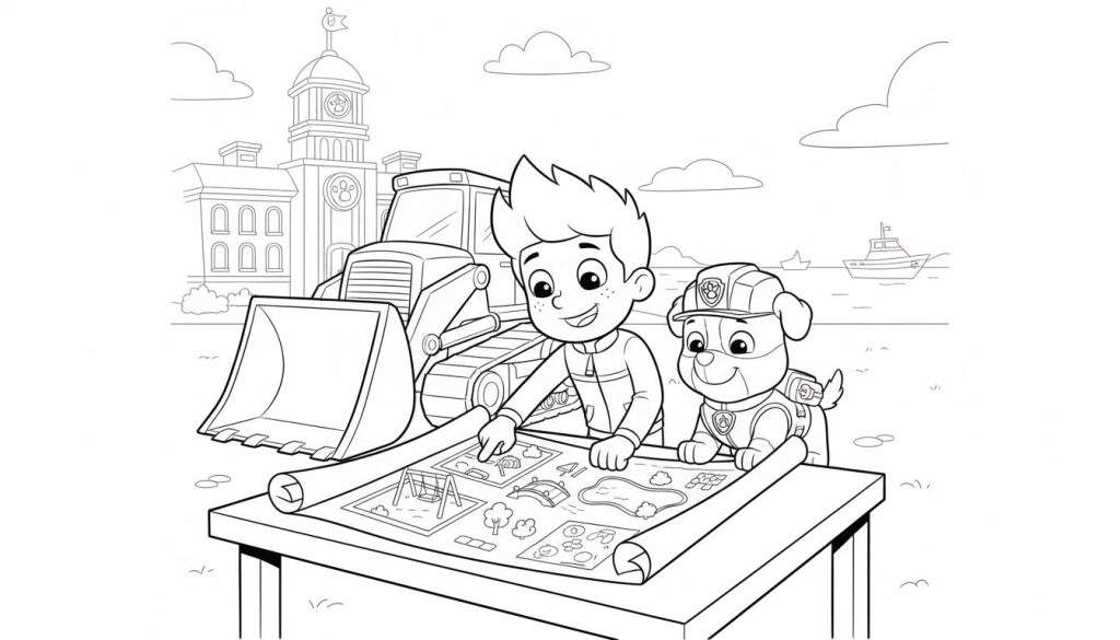 Kleurplaat van Paw Patrol met Ryder en Rubble die een bouwplattegrond bekijken en plannen maken voor een nieuw project, inclusief een speeltuin en brug. Op de achtergrond een bulldozer en gebouwen.