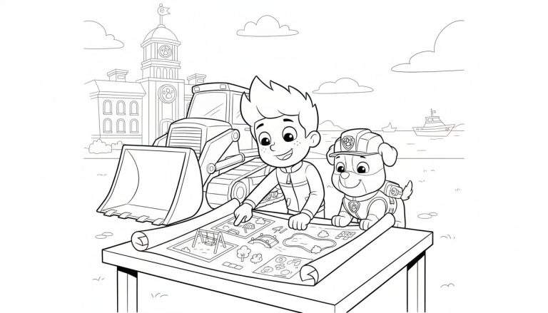 Kleurplaat van Paw Patrol met Ryder en Rubble die een bouwplattegrond bekijken en plannen maken voor een nieuw project, inclusief een speeltuin en brug. Op de achtergrond een bulldozer en gebouwen.