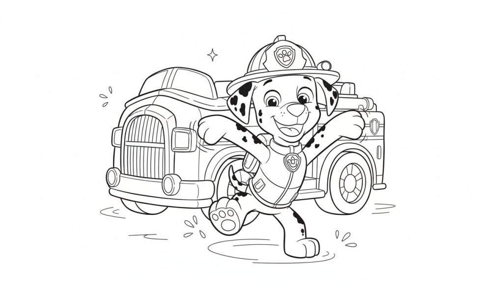 Kleurplaat Marshall PAW Patrol brandweerhond, rennend met open armen in brandweerpak en rode helm, met water spetters en brandweerwagen achtergrond.
