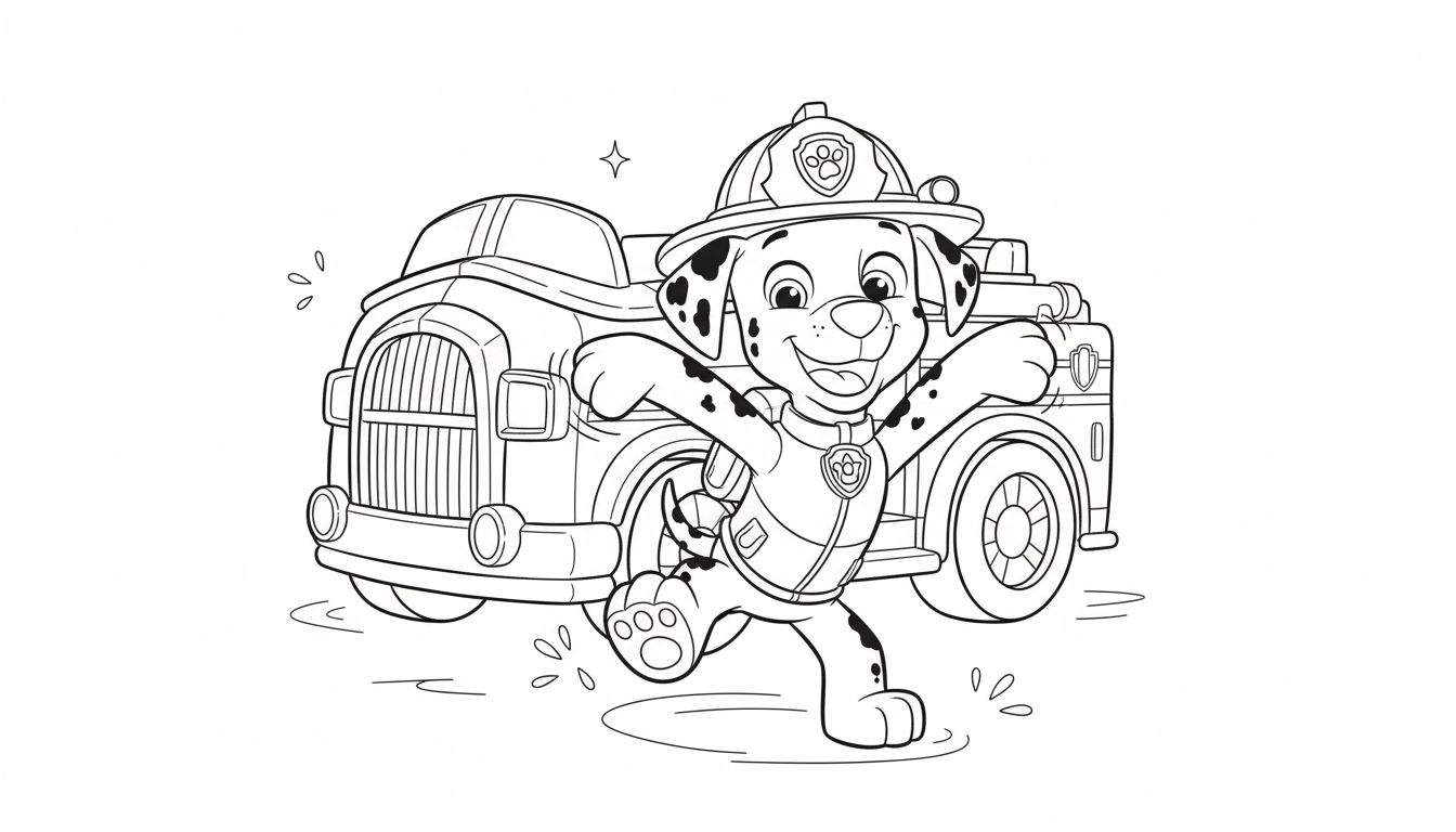 Kleurplaat Marshall PAW Patrol brandweerhond, rennend met open armen in brandweerpak en rode helm, met water spetters en brandweerwagen achtergrond.