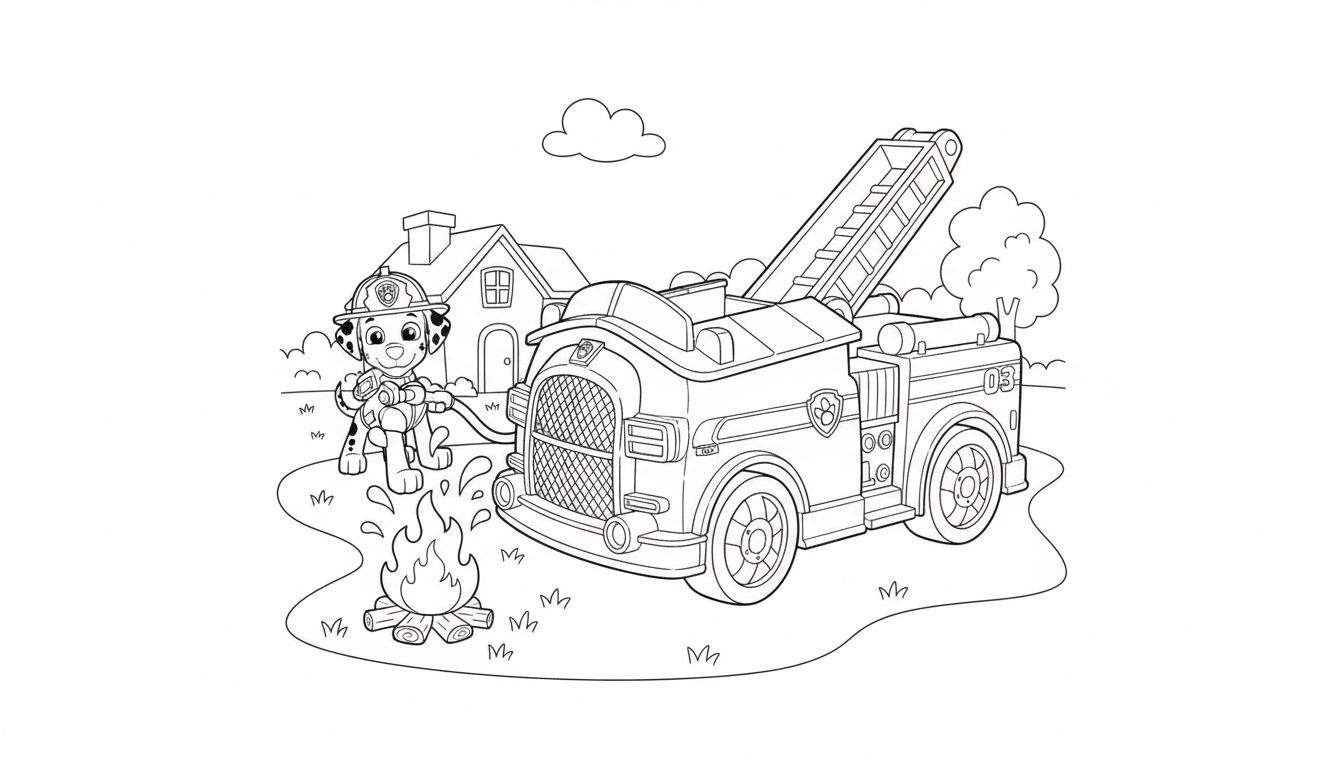 Kleurplaat van Marshall de brandweerman van Paw Patrol die water spuit op een kampvuur naast zijn brandweerwagen met ladder, met een huis, boom en wolk op de achtergrond.