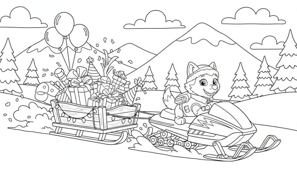 Kleurplaat van een blij cartoonhondje (Everest) op een sneeuwscooter die een slee vol cadeautjes trekt door een besneeuwd berglandschap met dennenbomen.
