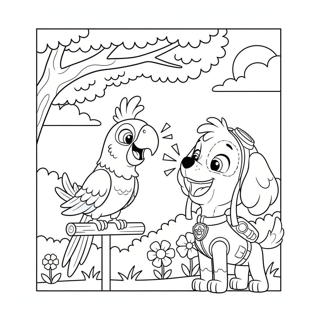 Kleurplaat van Paw Patrol-hondje Skye met vliegersbril en een sprekende papegaai in een buitenomgeving met boom, zon, bloemen en gras.