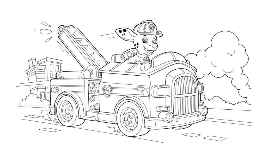 Marshall de dalmatiër van Paw Patrol lacht in zijn rijdende brandweerwagen met ladder, nummer 03, en het Paw Patrol-embleem.