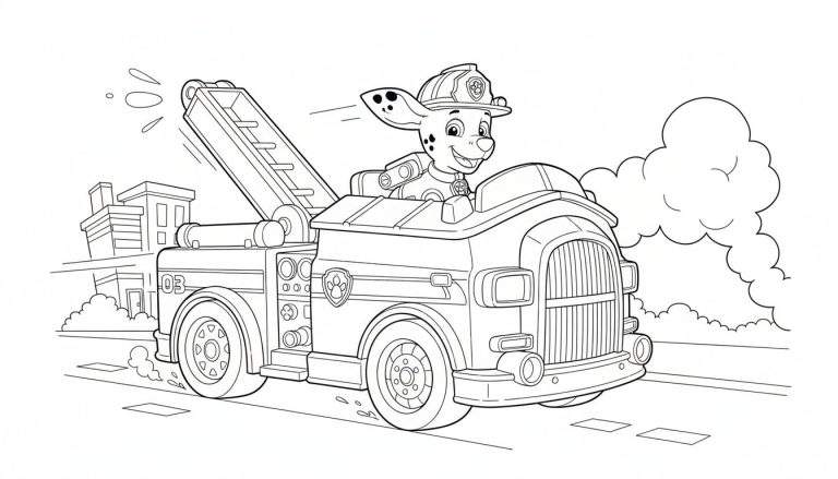 Marshall de dalmatiër van Paw Patrol lacht in zijn rijdende brandweerwagen met ladder, nummer 03, en het Paw Patrol-embleem.