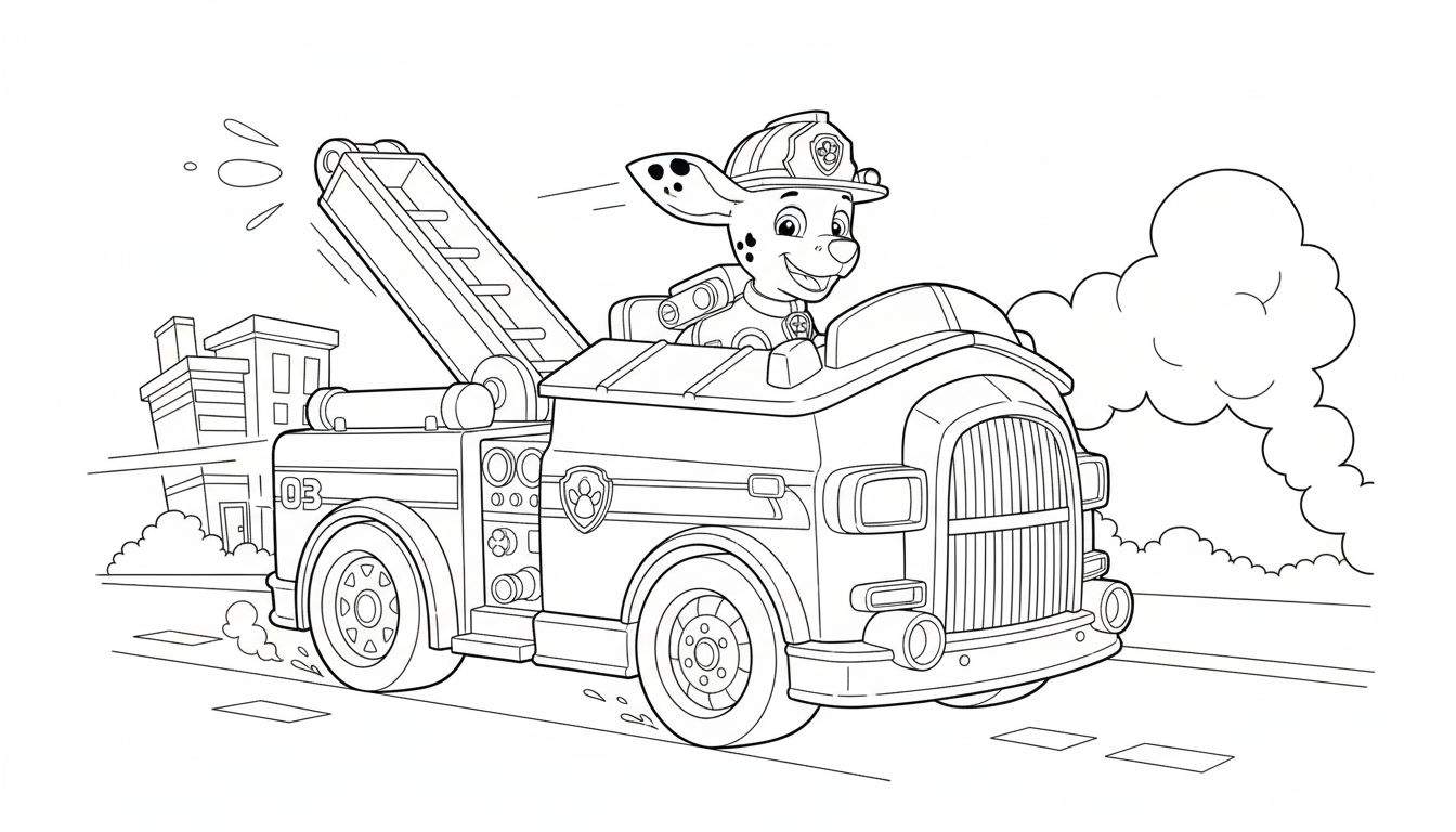 Marshall de dalmatiër van Paw Patrol lacht in zijn rijdende brandweerwagen met ladder, nummer 03, en het Paw Patrol-embleem.