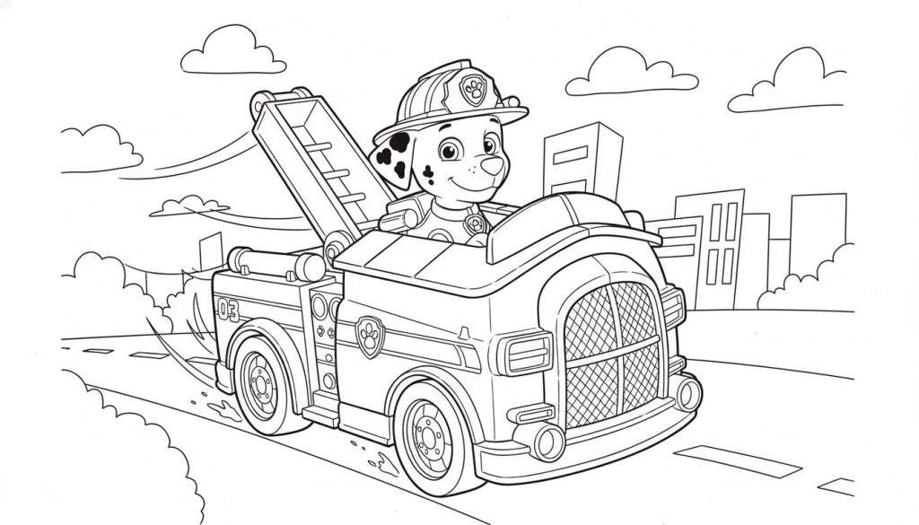 Zwart-wit kleurplaat van Marshall van Paw Patrol die lachend zijn brandweerwagen met uitschuifbare ladder bestuurt op een weg in een stadslandschap met wolken.