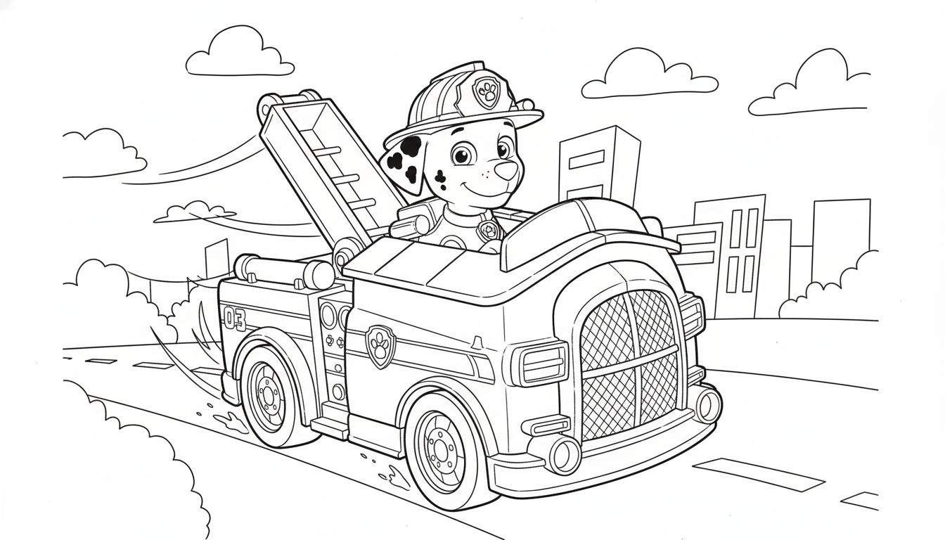 Zwart-wit kleurplaat van Marshall van Paw Patrol die lachend zijn brandweerwagen met uitschuifbare ladder bestuurt op een weg in een stadslandschap met wolken.