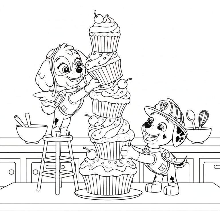 Zwart-wit kleurplaat van Skye en Marshall van Paw Patrol die samen een hoge stapel van zes versierde cupcakes vasthouden in een keuken. Skye, links, staat op een krukje en draagt een vlieghelm met vleugels. Marshall, rechts, draagt een brandweerhelm en heeft dalmatiër-stippen. Beide honden kijken blij.
