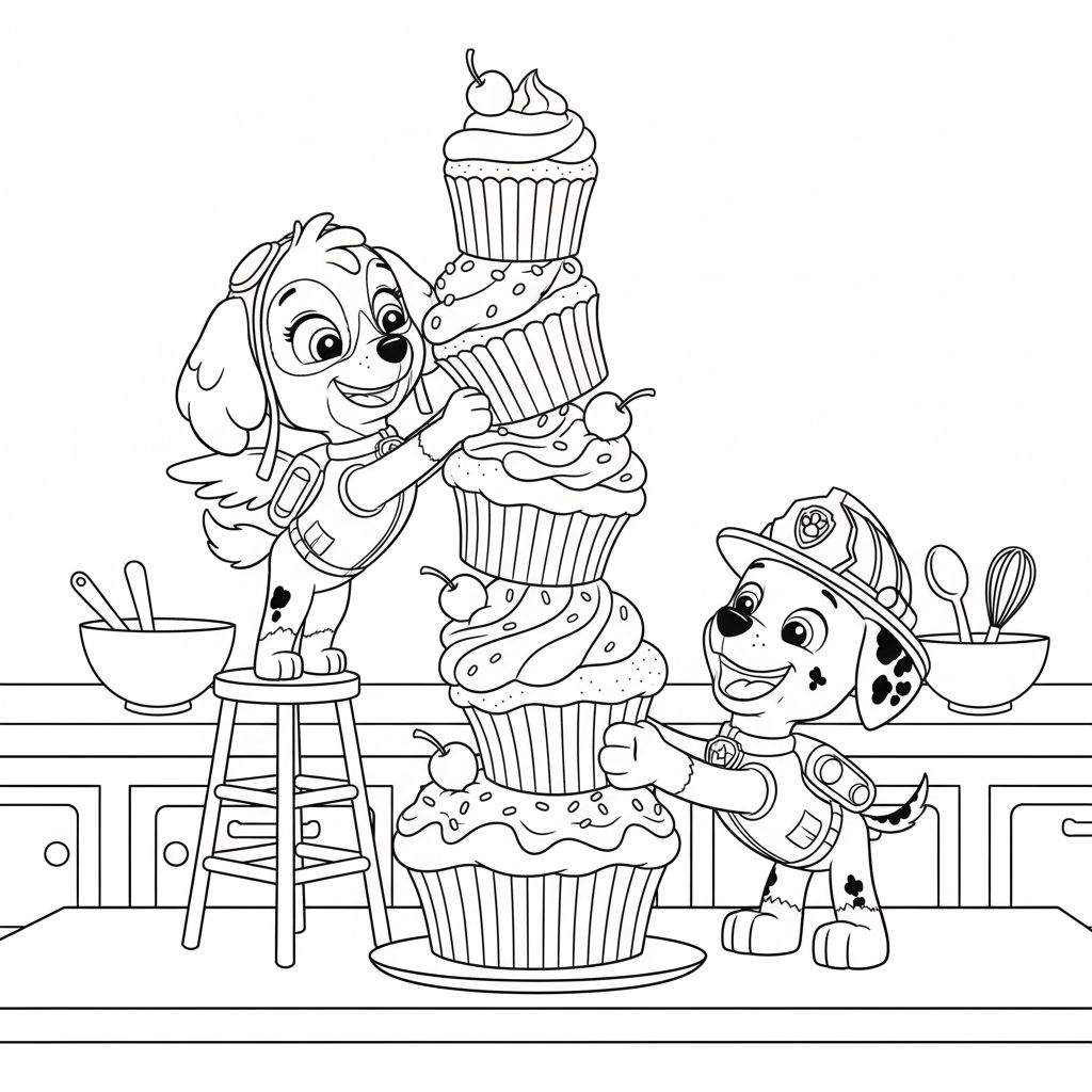 Zwart-wit kleurplaat van Skye en Marshall van Paw Patrol die samen een hoge stapel van zes versierde cupcakes vasthouden in een keuken. Skye, links, staat op een krukje en draagt een vlieghelm met vleugels. Marshall, rechts, draagt een brandweerhelm en heeft dalmatiër-stippen. Beide honden kijken blij.