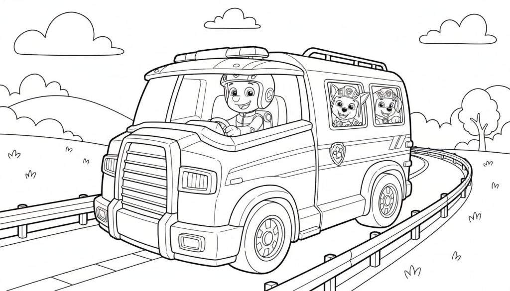 Zwart-wit Paw Patrol kleurplaat met Chase in een groot voertuig, Skye en Marshall kijken uit de ramen, rijdend op een bochtige weg door een landschap met heuvels en bomen.