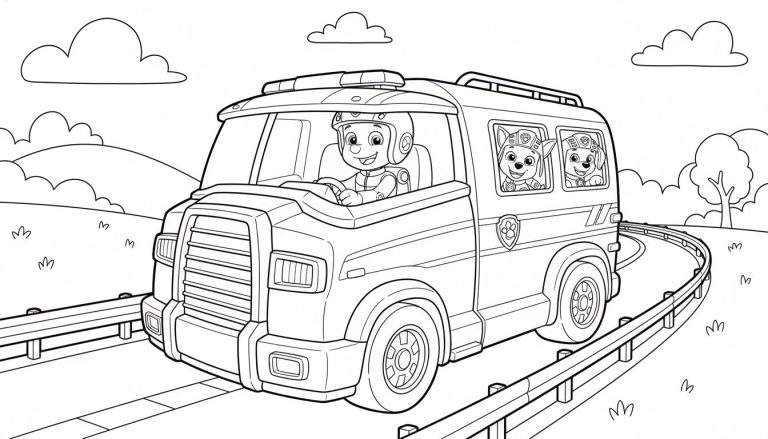 Zwart-wit Paw Patrol kleurplaat met Chase in een groot voertuig, Skye en Marshall kijken uit de ramen, rijdend op een bochtige weg door een landschap met heuvels en bomen.