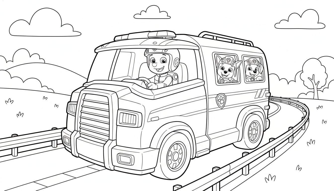 Zwart-wit Paw Patrol kleurplaat met Chase in een groot voertuig, Skye en Marshall kijken uit de ramen, rijdend op een bochtige weg door een landschap met heuvels en bomen.
