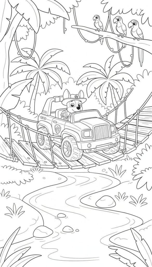 Kleurplaat van Paw Patrol's Tracker in zijn jeep rijdend over een houten junglebrug, met drie papegaaien die toekijken vanuit een palmboom en een rivier onder de brug.