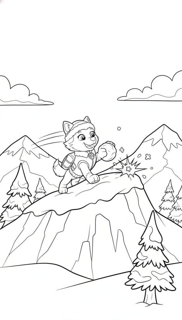 Kleurplaat van een vrolijk hondje, lijkend op Everest van Paw Patrol, dat met een sneeuwbal over een besneeuwde bergtop rent in een winters landschap met dennenbomen en bergen.