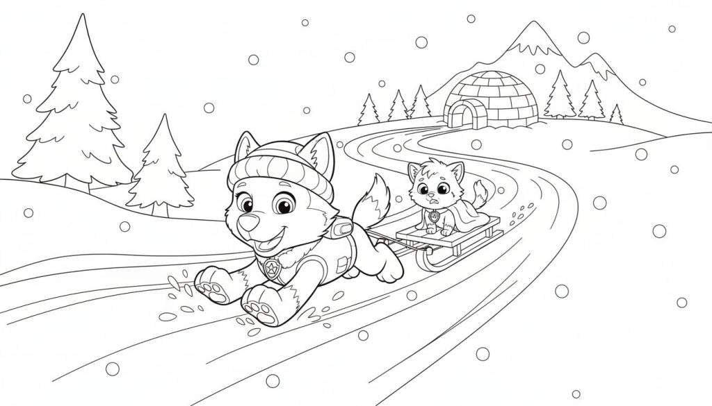 Kleurplaat van Everest (Paw Patrol), een lachende husky met muts, die een slee trekt met een katje/vosje. Op de achtergrond een besneeuwd landschap met dennenbomen, bergen en een iglo, met sneeuwvlokken.