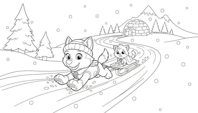 Kleurplaat van Everest (Paw Patrol), een lachende husky met muts, die een slee trekt met een katje/vosje. Op de achtergrond een besneeuwd landschap met dennenbomen, bergen en een iglo, met sneeuwvlokken.