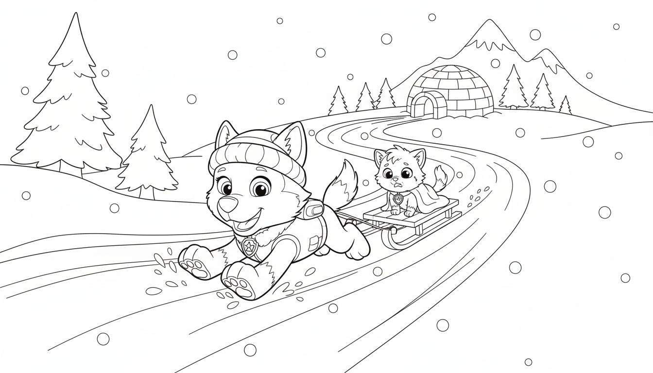 Kleurplaat van Everest (Paw Patrol), een lachende husky met muts, die een slee trekt met een katje/vosje. Op de achtergrond een besneeuwd landschap met dennenbomen, bergen en een iglo, met sneeuwvlokken.