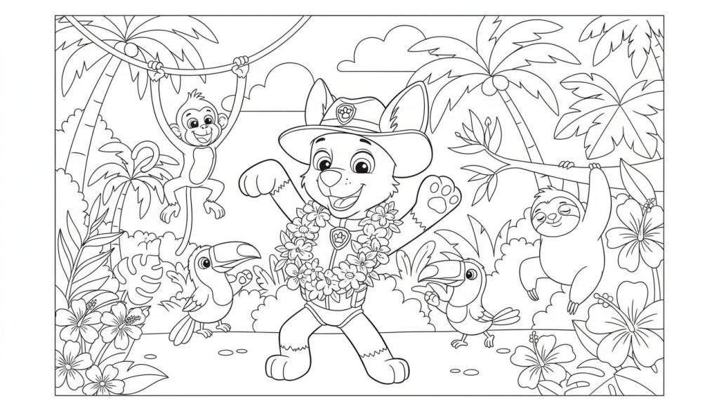 Kleurplaat van Tracker de Paw Patrol hond in safarihoed en zwembroek, lachend in een tropische jungle met een lachende aap, ontspannen luiaard en twee toekans.