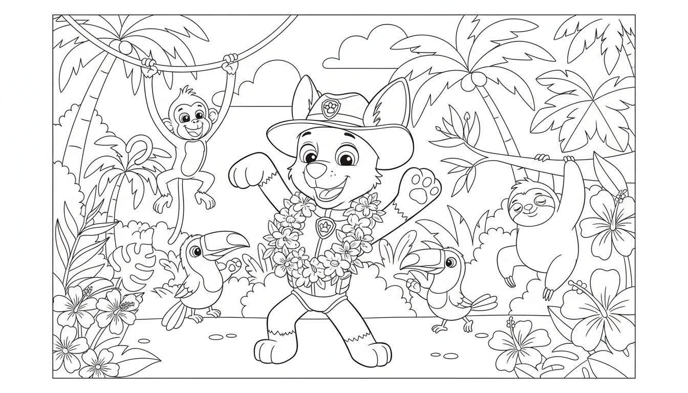 Kleurplaat van Tracker de Paw Patrol hond in safarihoed en zwembroek, lachend in een tropische jungle met een lachende aap, ontspannen luiaard en twee toekans.