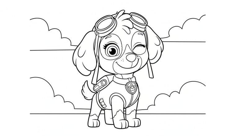 Zwart-wit kleurplaat van Skye van Paw Patrol, lachend en knipoogend in haar pilotenpakje met bril en halsband met vleugel-pootafdruk.