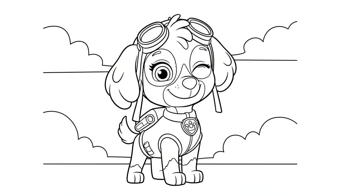 Zwart-wit kleurplaat van Skye van Paw Patrol, lachend en knipoogend in haar pilotenpakje met bril en halsband met vleugel-pootafdruk.