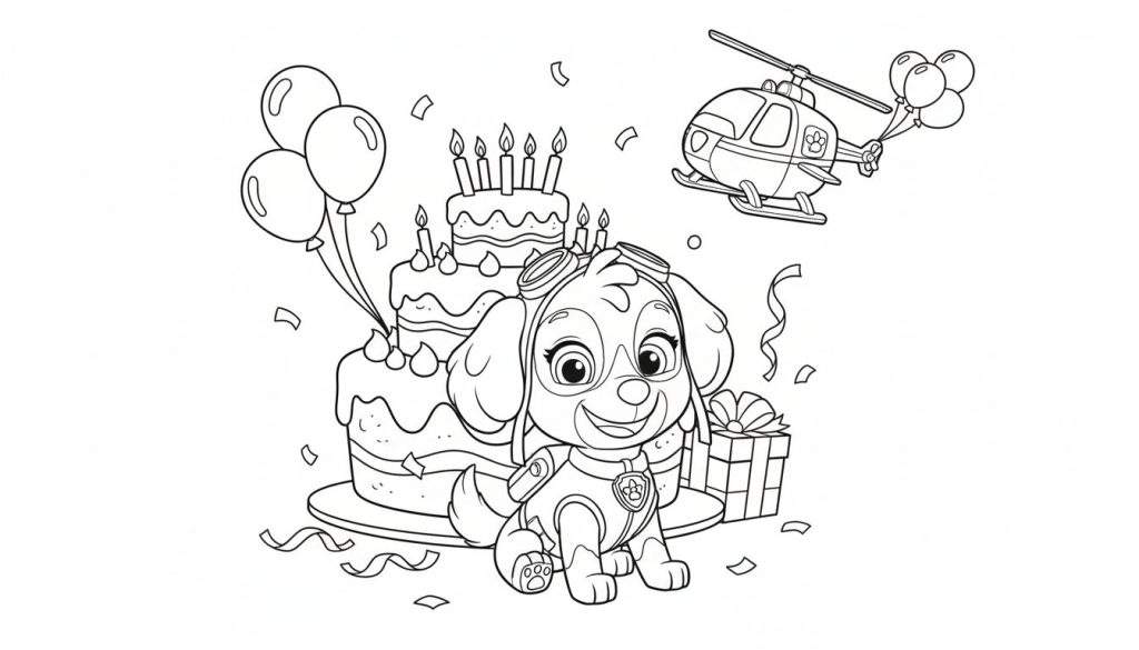 Kleurplaat van Skye van Paw Patrol op haar verjaardagsfeestje met een drielagige taart, brandende kaarsjes, zwevende ballonnen, een cadeautje en een helikopter.