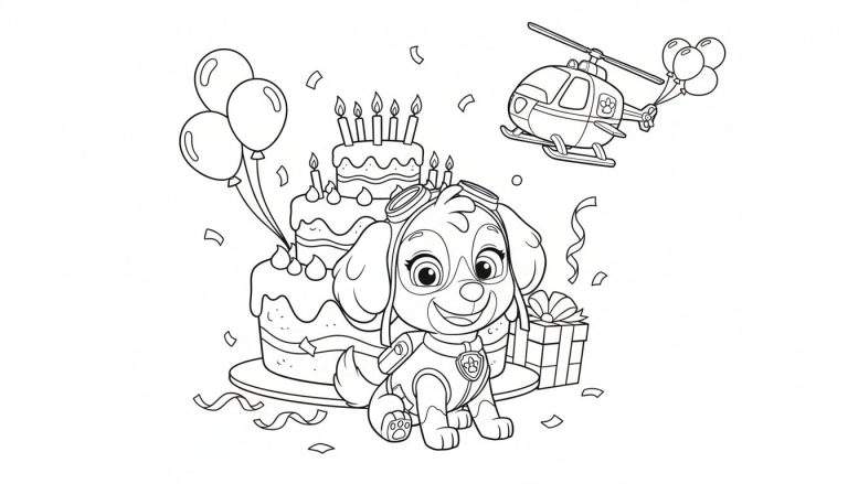 Kleurplaat van Skye van Paw Patrol op haar verjaardagsfeestje met een drielagige taart, brandende kaarsjes, zwevende ballonnen, een cadeautje en een helikopter.