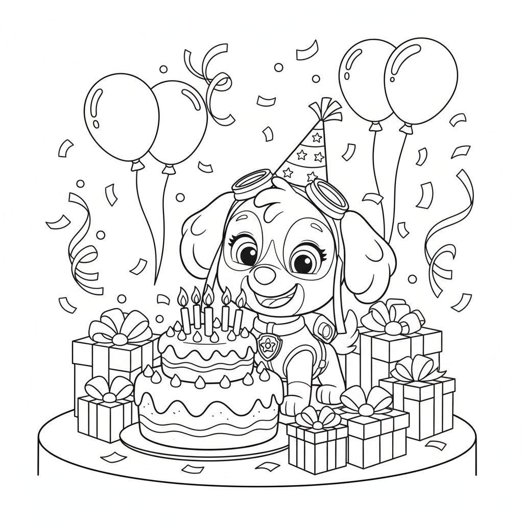 Kleurplaat van Skye, een vrolijk lachend hondje met feestmuts en pilotenbril, zittend voor een tweelaagse verjaardagstaart met kaarsjes. Om Skye heen liggen cadeautjes, ballonnen en confetti, wat een feestelijke verjaardagsscène creëert.